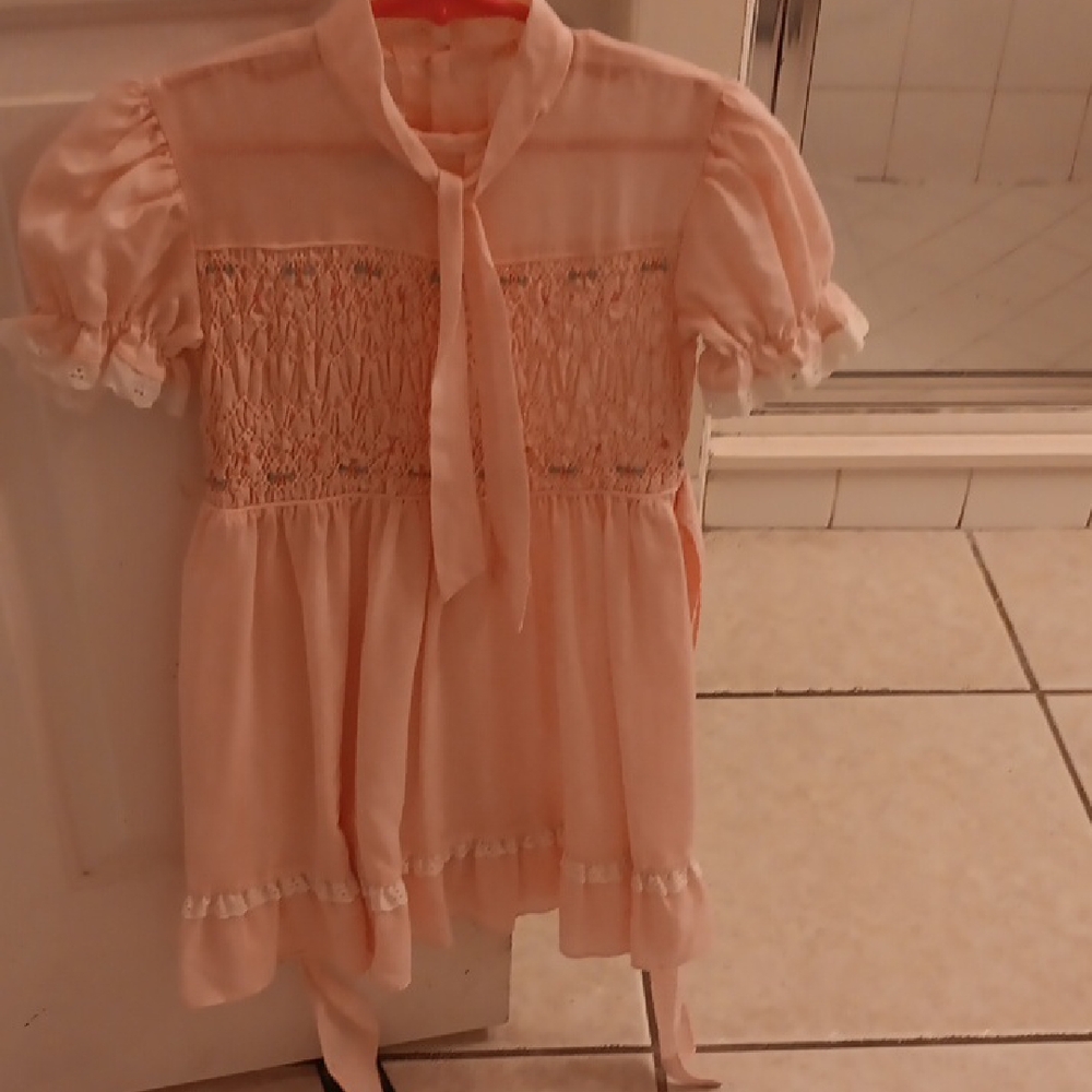 Girls' Peach Smocked Casual Dress with Tie Neck